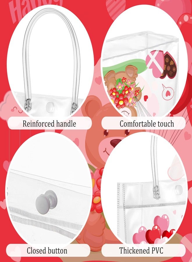 Henoyso 24 Pcs Valentines Clear Gift Bags Plastic Pink Candy Goodie Treat Bag Valentines Day Party PVC Totes with Handles Ribbon Galentines Day Party Favors, 7.8 x 7.8 x 3.1 Inches - Image 3